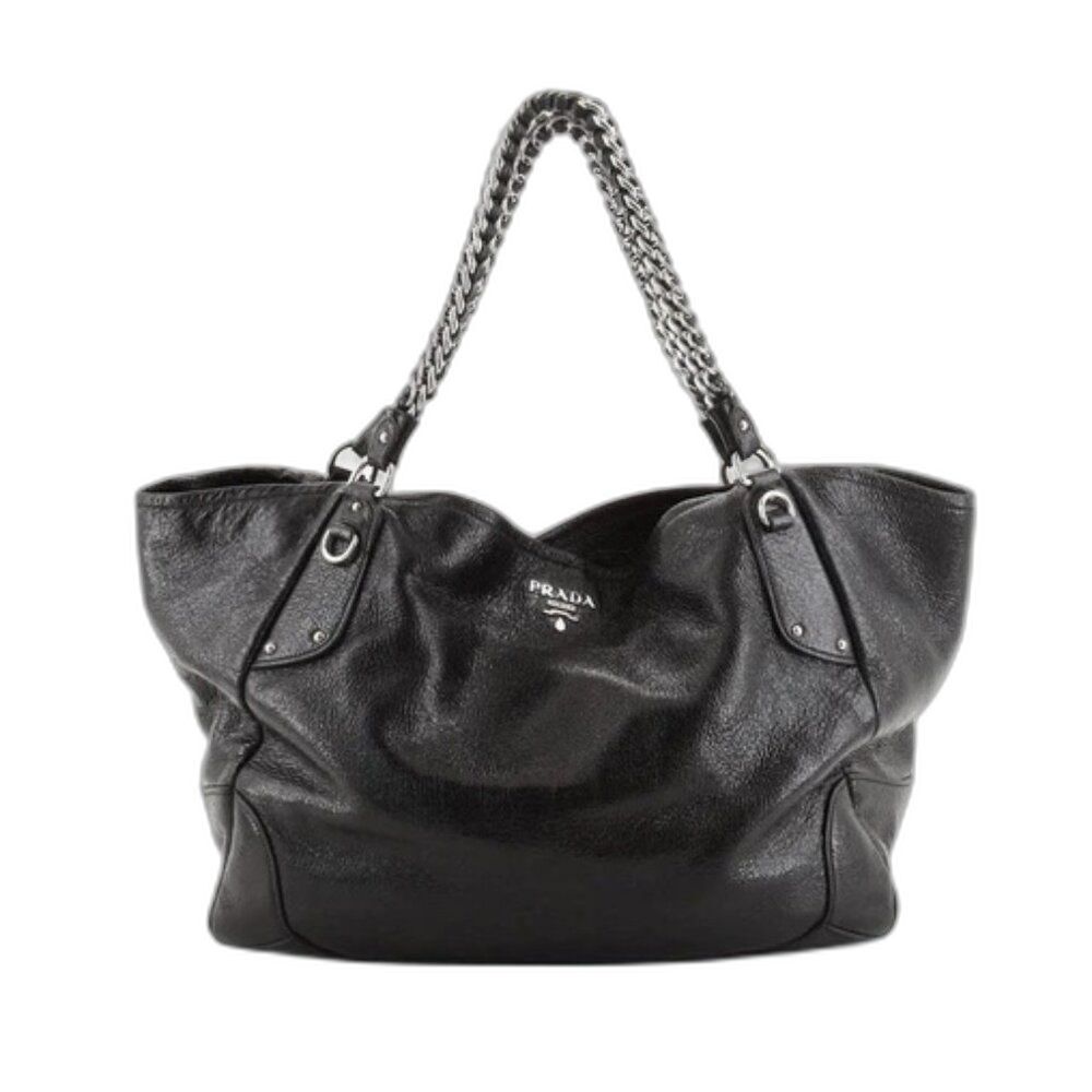 Prada Cervo Lux Chain Large Black Leather Tote